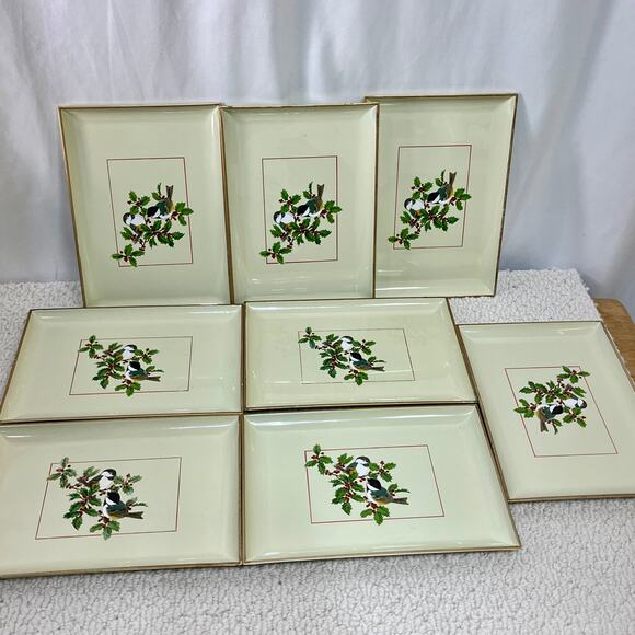 Gibson Greetings Chickadees & Holly Otagiri Lacquerware Snack Tray Set of 8 VTG - Picture 6 of 11